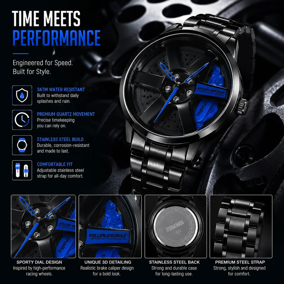 SMAIER Men’s Luxury Sport Watch – Alloy Wheel Design Black Metal Strap