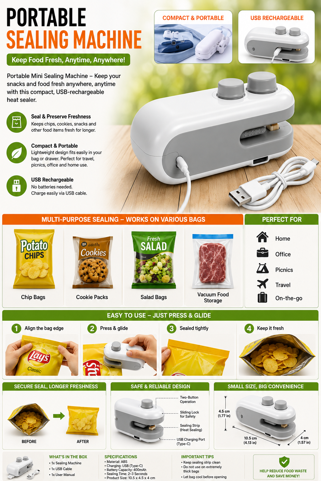 Portable Mini Sealing Machine – USB Rechargeable Heat Sealer for Food Bags