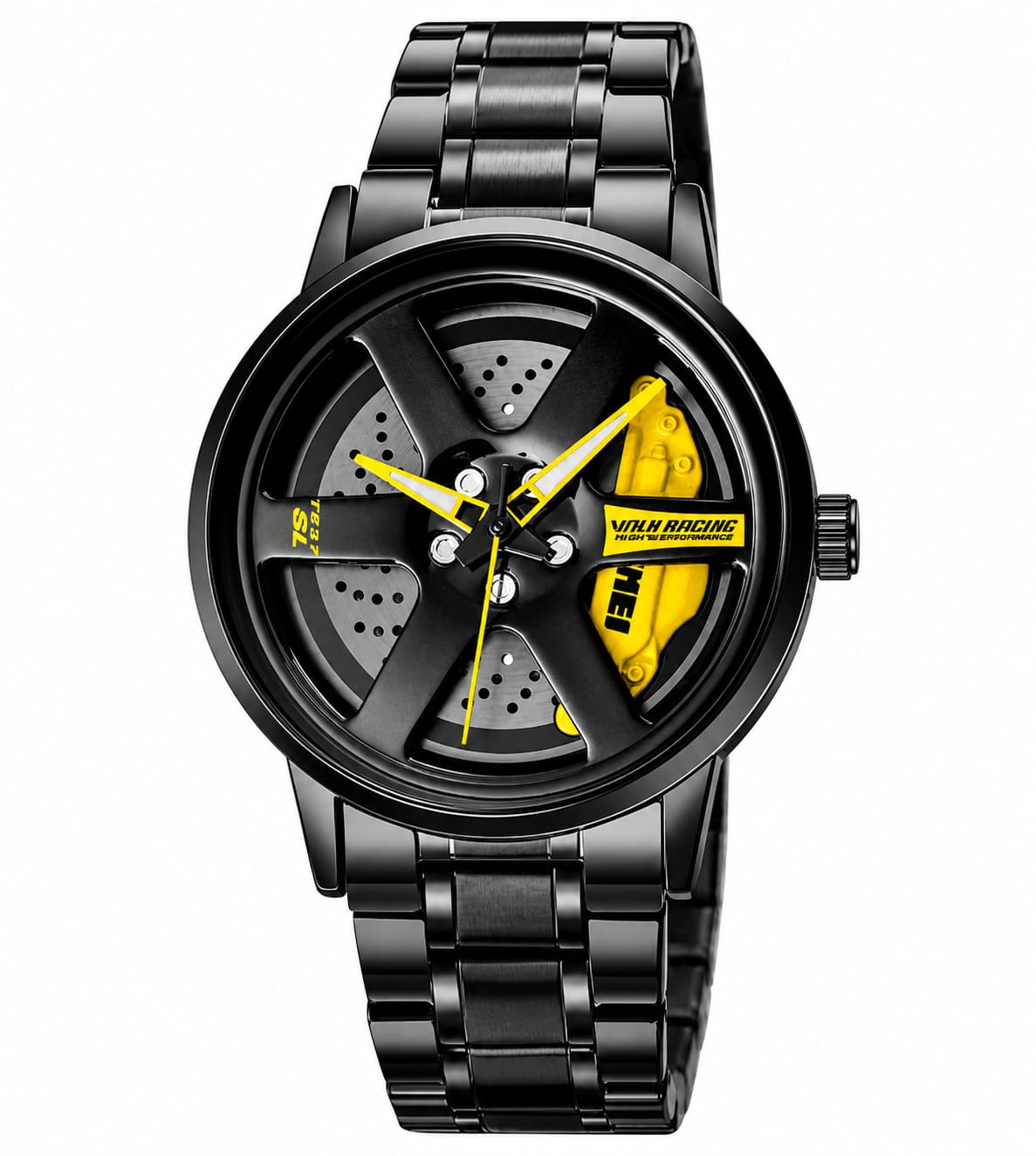 SMAIER Men’s Luxury Sport Watch – Alloy Wheel Design Black Metal Strap