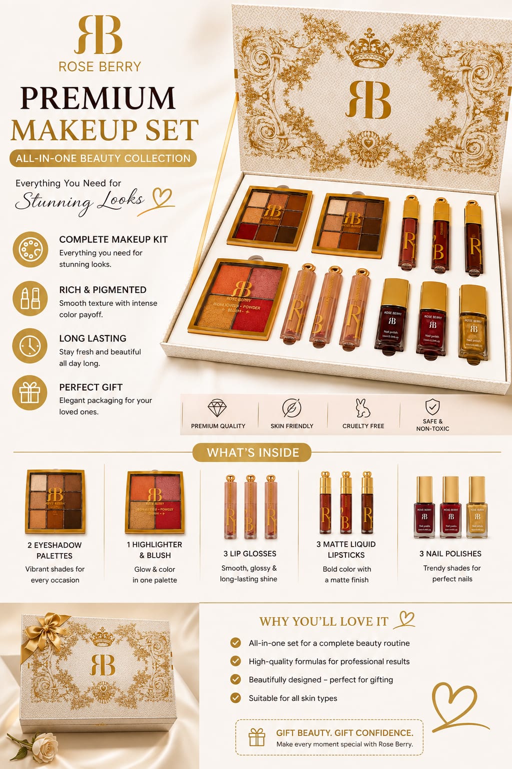 Rose Berry Luxury Makeup Gift Set – Eyeshadow, Lip Color, Blush & Nail Polish