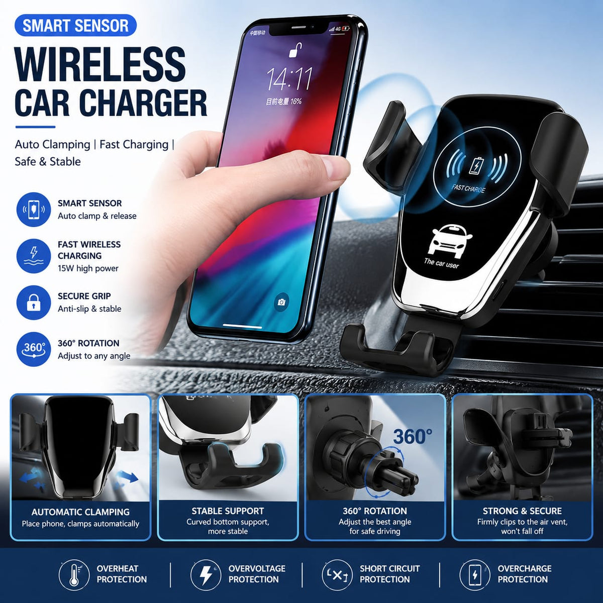 Wireless 10W Fast Charging Car Phone Holder