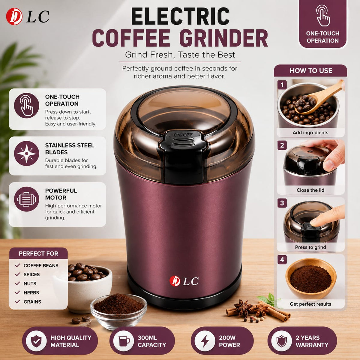 200W Electric Coffee Grinder 300ml – Multi-Purpose Coffee, Spice & Nut Grinder